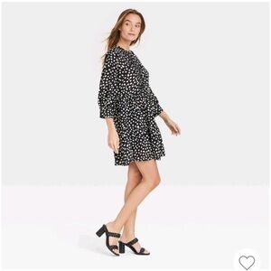 Who What Wear Women's Bishop 3/4 Sleeve Dress Black/White Polka Dots S NWOT